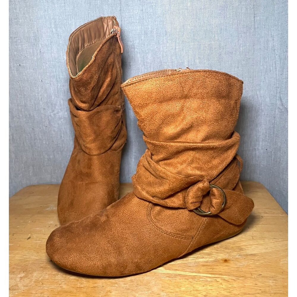 Forever Women's Cognac Faux Suede Slouch Boots Side Zip Buckle Flat Size 9